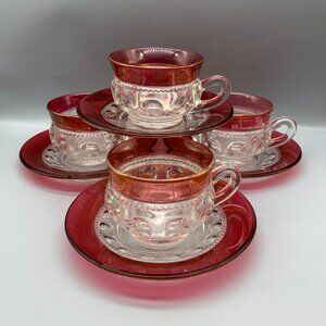Vintage Colony Glass Kings Crown Ruby Flash Coffee Cups/Saucers (4 sets)